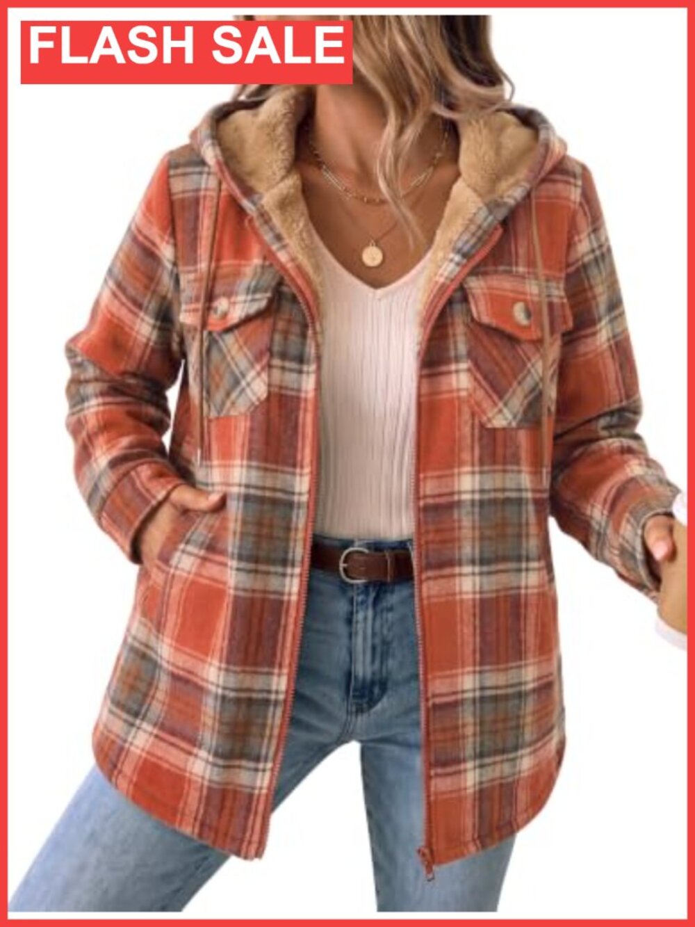 Zeagoo Womens Plaid Fleece Lined Shacket Hooded Winter Coat